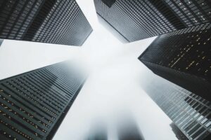 four tall buildings shot from below